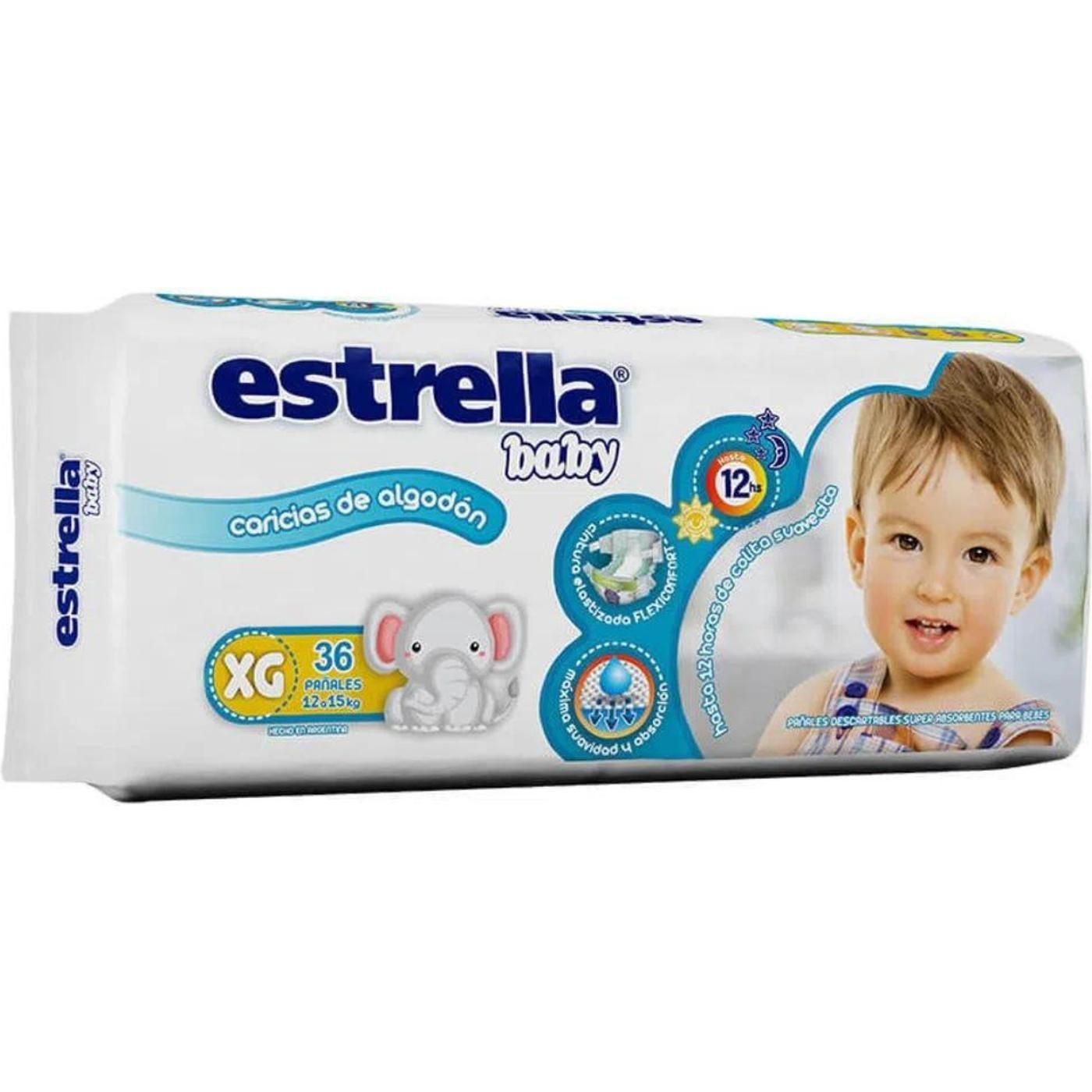 Pañales Estrella Baby Caricias De AlgodónXG (12 a 15 kg). 36 Unidades