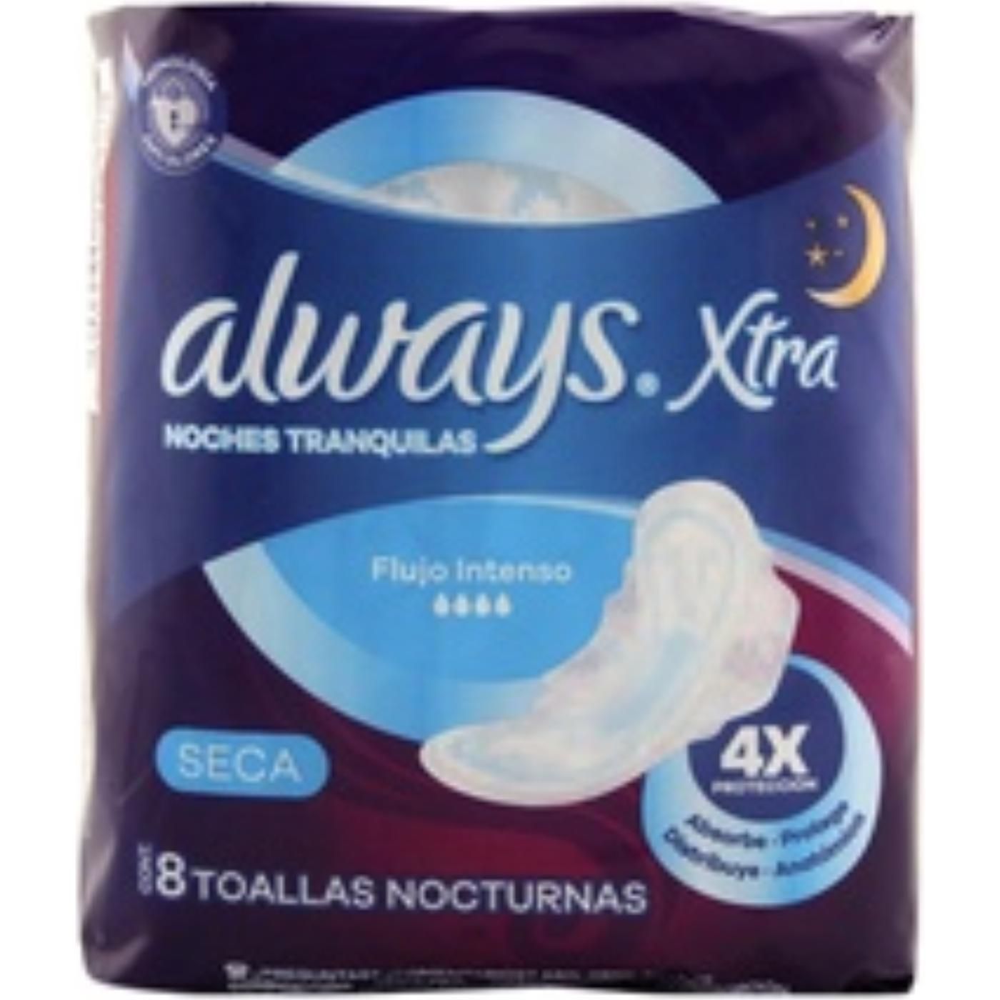 Toalla Femenina Always Xtra Noches Tranquilas Flujo Intenso Seca 8 Unidades