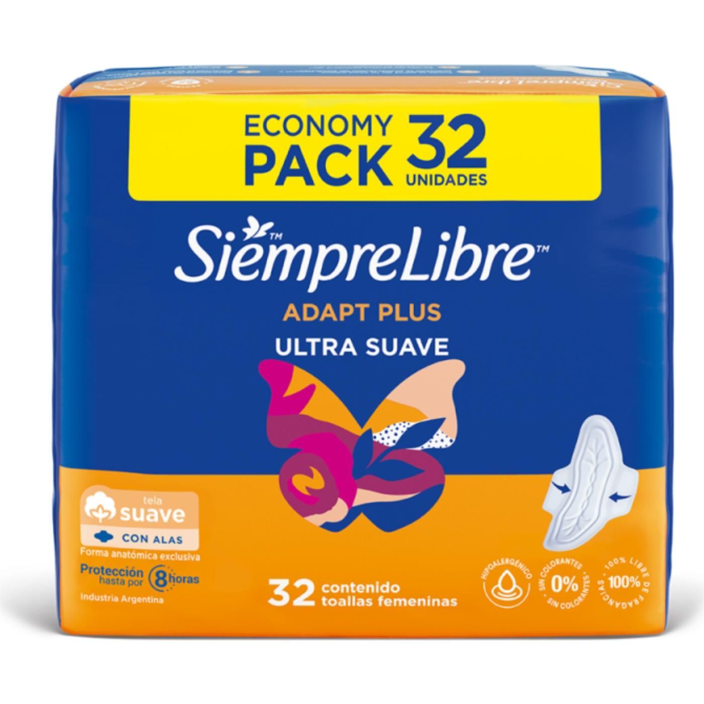 Toallas Femeninas Siempre Libre Adapt Plus Ultra Suave Con Alas 32 Unidades