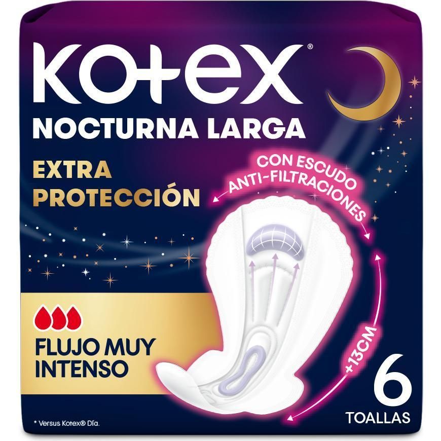 Toallas Femeninas Kotex Nocturna Larga Extra Protección 6 Unidades