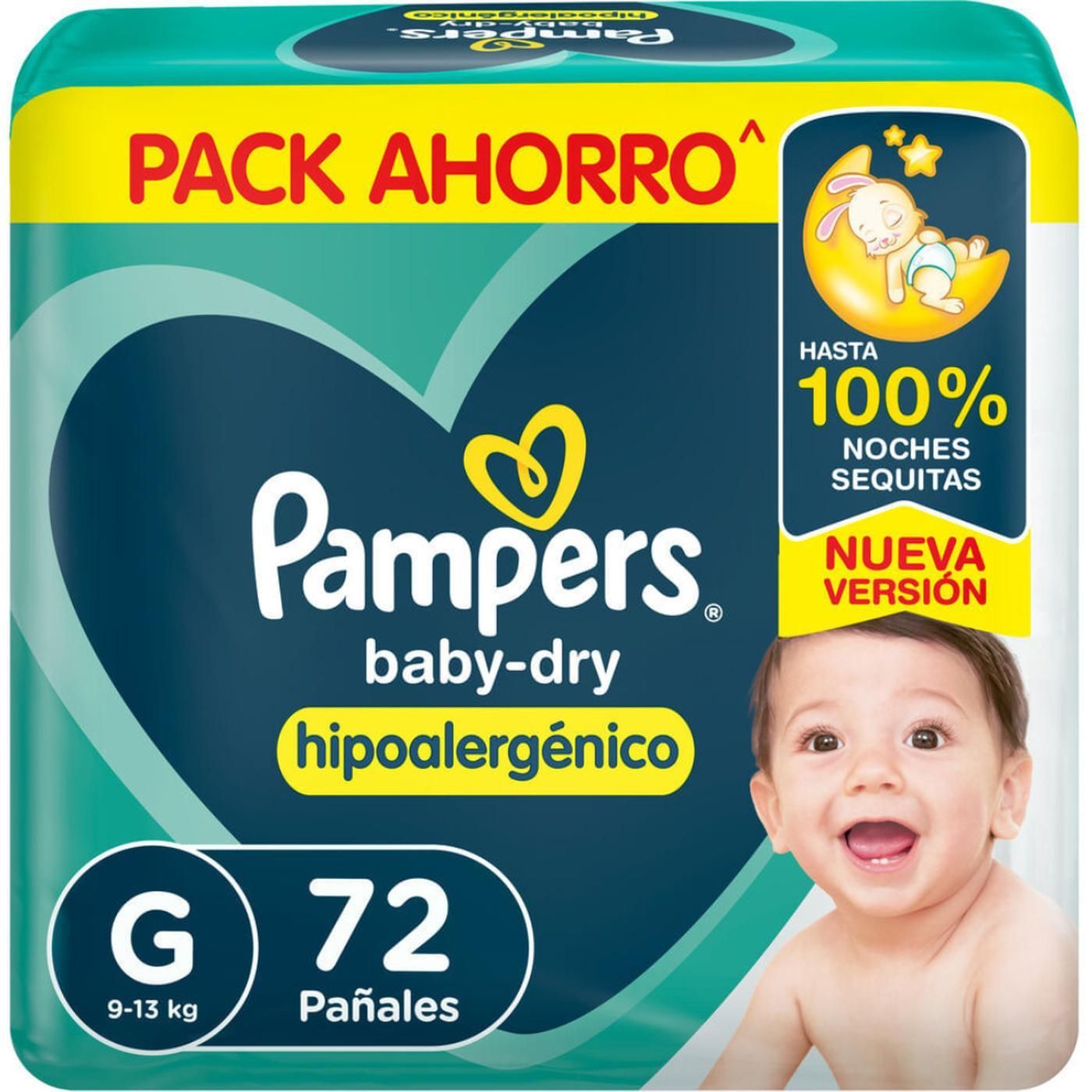 Pañal Pampers Babydry Hipoalergénico Grande (9 a 13 kg). 72 Unidades